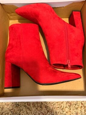 Wild Pair Red Suede Pointed Toe Block Heel Ankle Boots